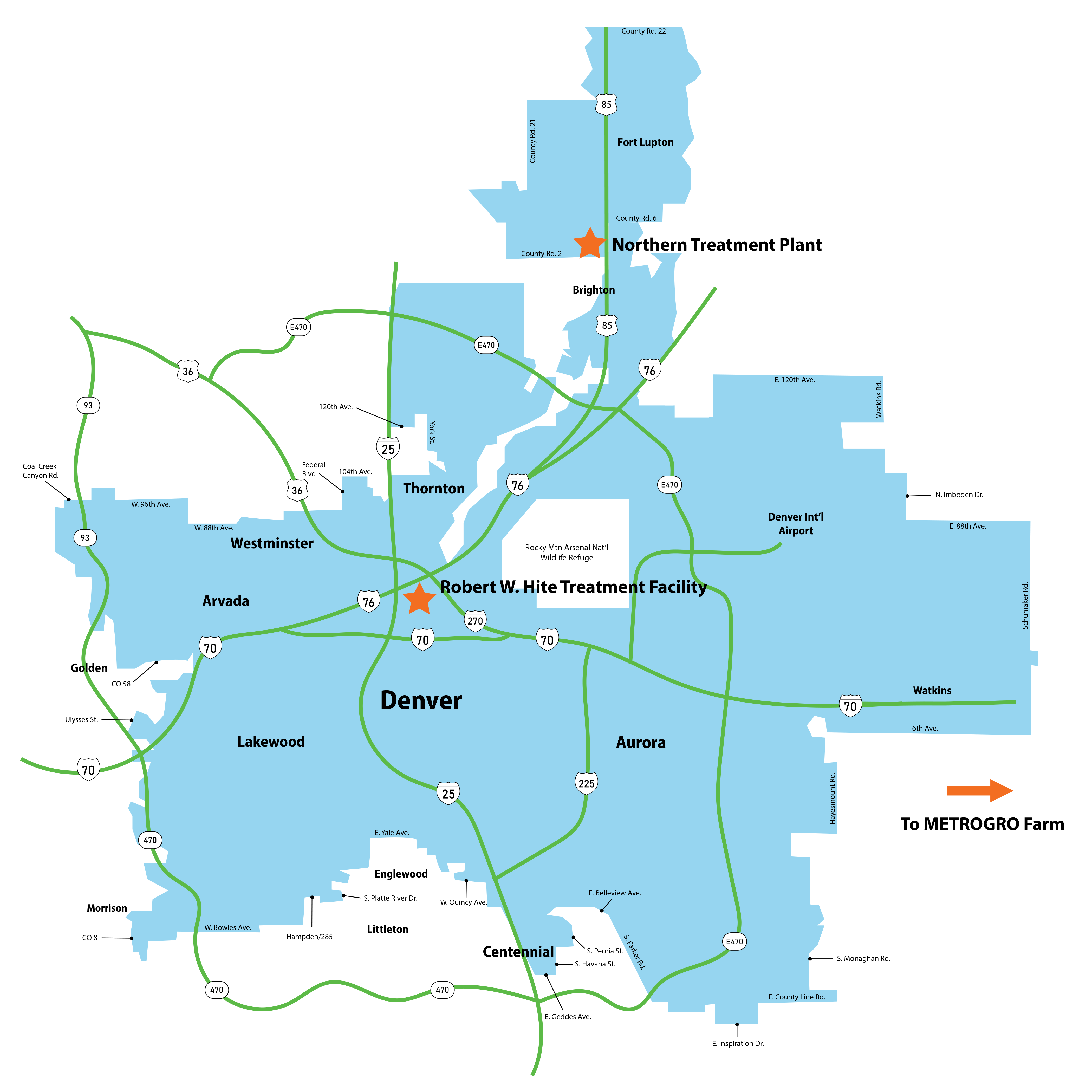A graphical map that displays Metro's 805-mile service area. The area covers most of metro Denver.